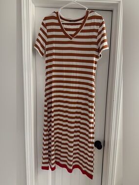 Striped V-Neck Dress in Brown and White